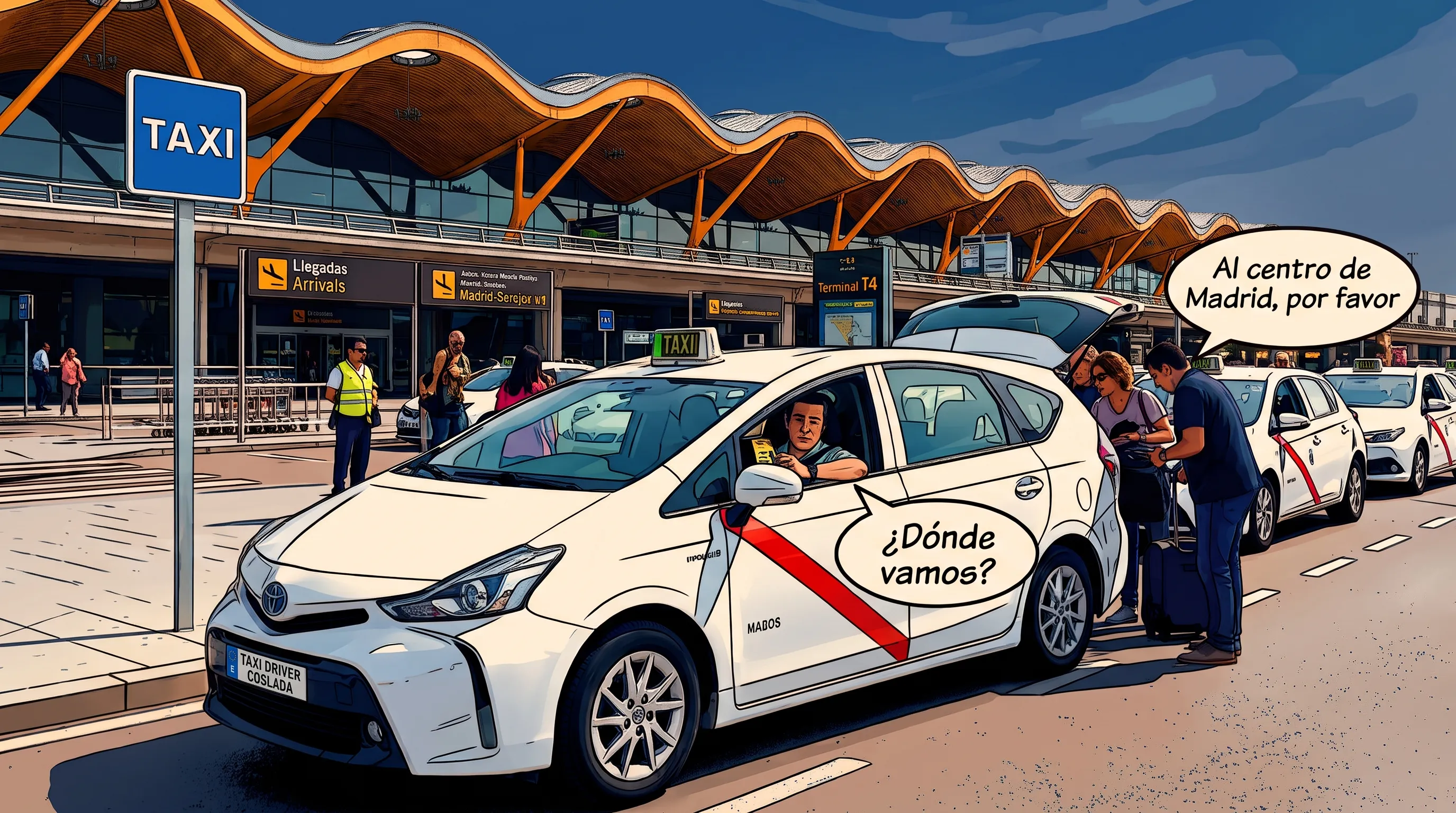 A Taxi Driver Coslada cab picking up travellers at Terminal 4 of Adolfo Suárez Madrid-Barajas Airport.